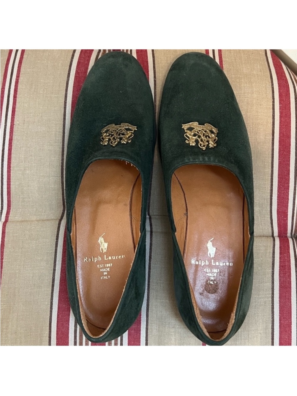 Ralph Lauren Forest Green Suede Loafers with Gold emblem - Picture 13 of 13